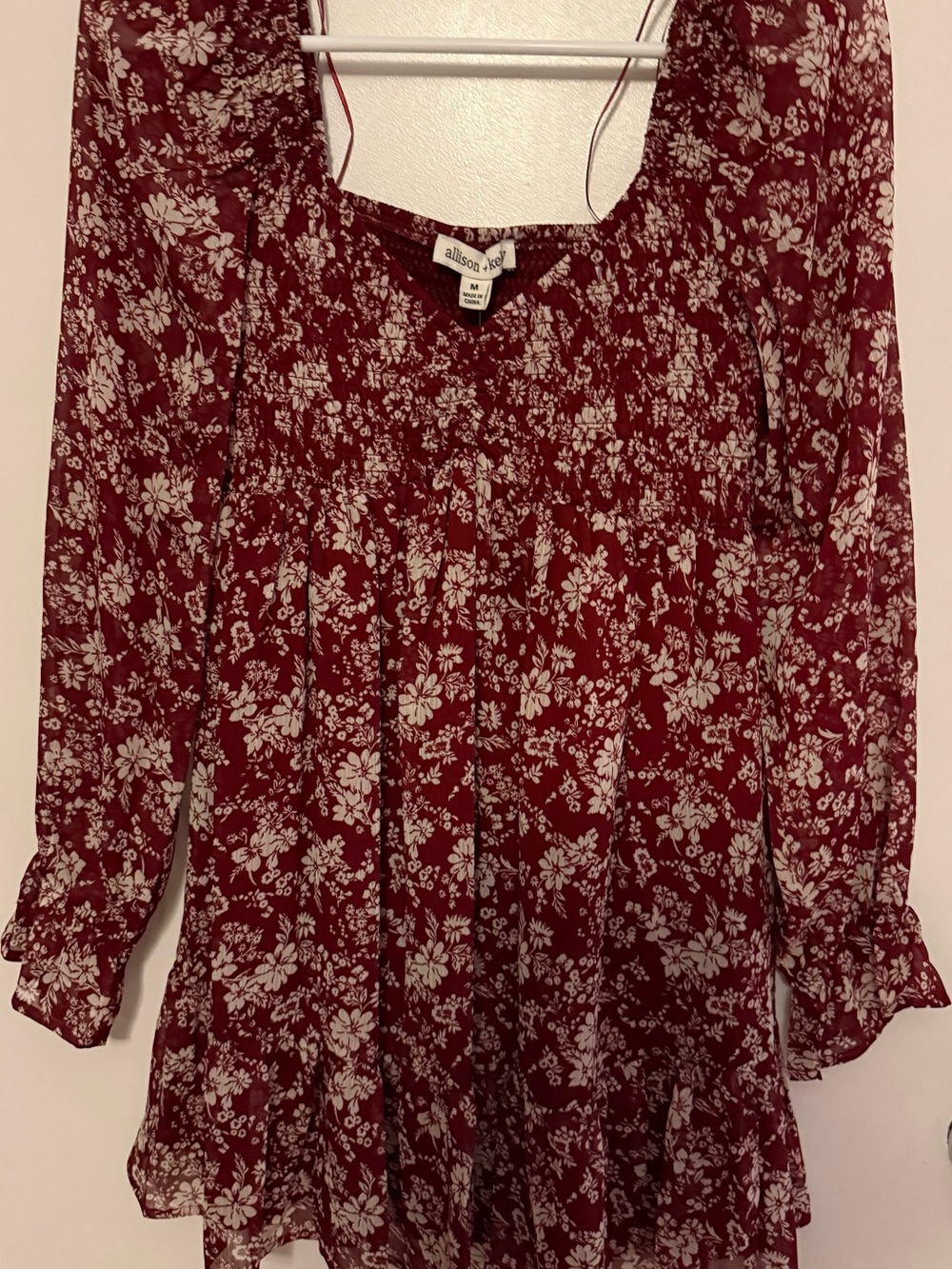 Allison +Kelley Floral Burgundy Peasant Mini Dress